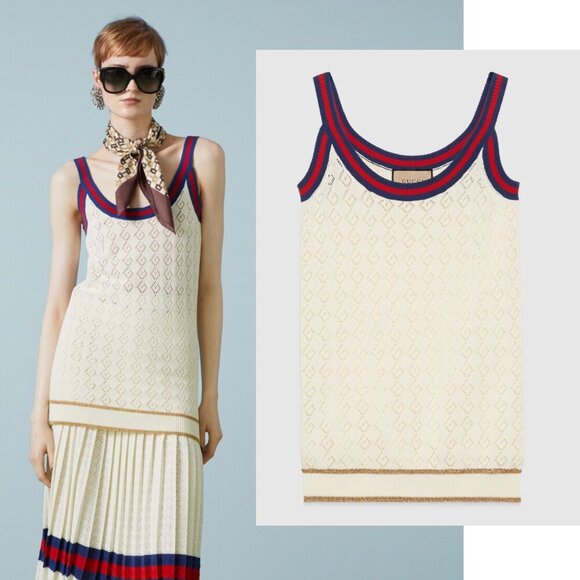GUCCI TOP GG LOGO JACQUARD KNIT COTTON TANK w WEB DETAIL sz M MEDIUM - Picture 1 of 16